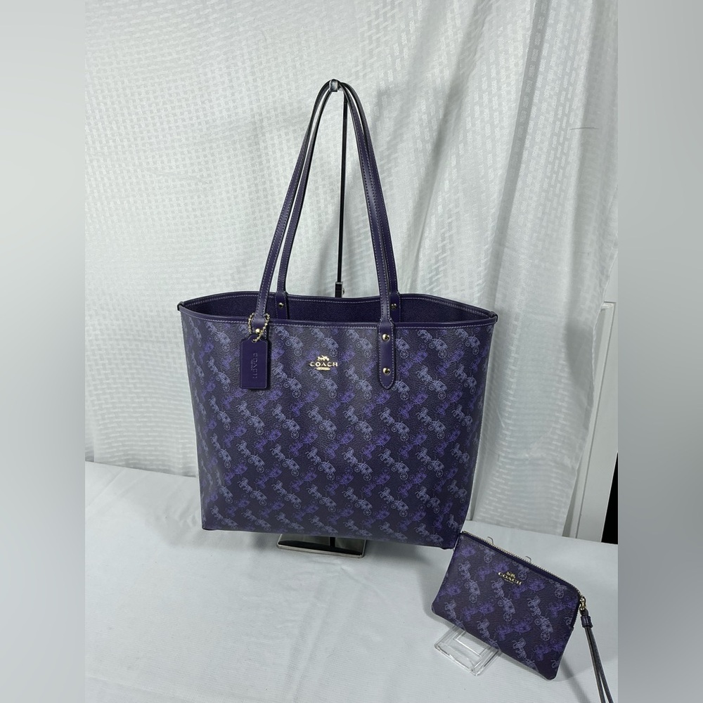 NWOT/EUC Coach Purple Horse & Carriage Reversible Tote Set